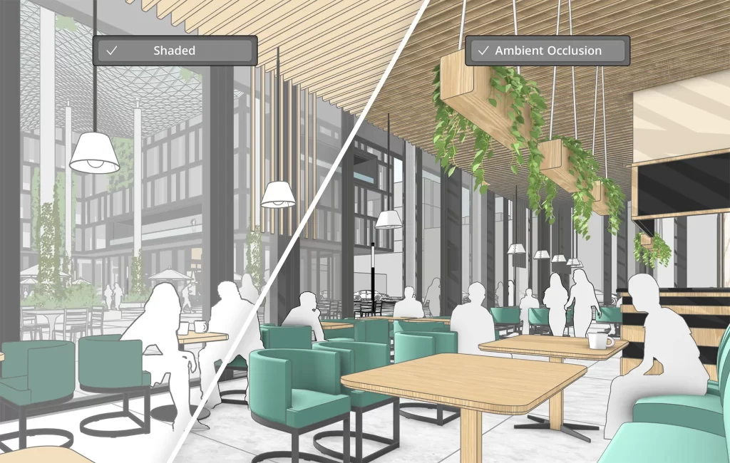 La primera imagen muestra una escena en SketchUp de una cafetería moderna con personas sentadas disfrutando de café. La segunda imagen es la misma pantalla con la Oclusión Ambiental activada.